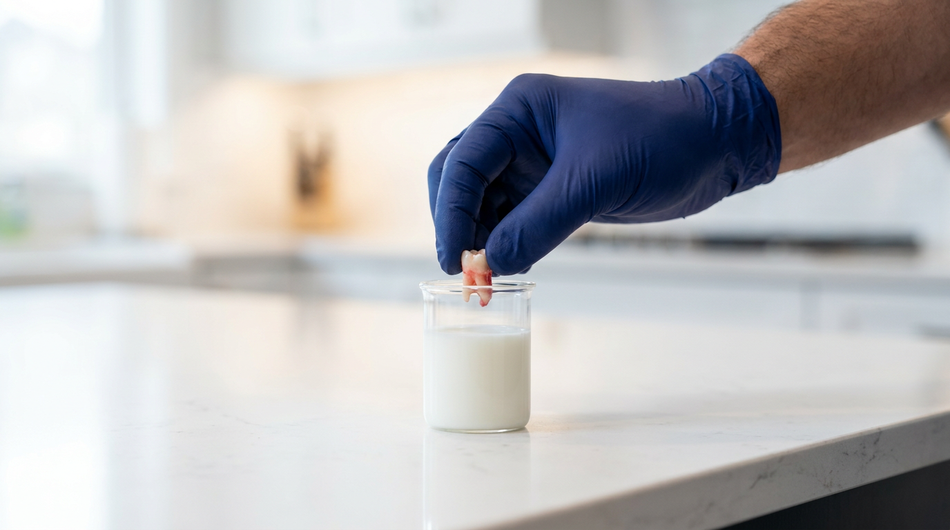 A person's hand carefully places a knocked-out tooth into a small glass of milk on a clean white countertop, showing the urgency and care needed for tooth preservation.