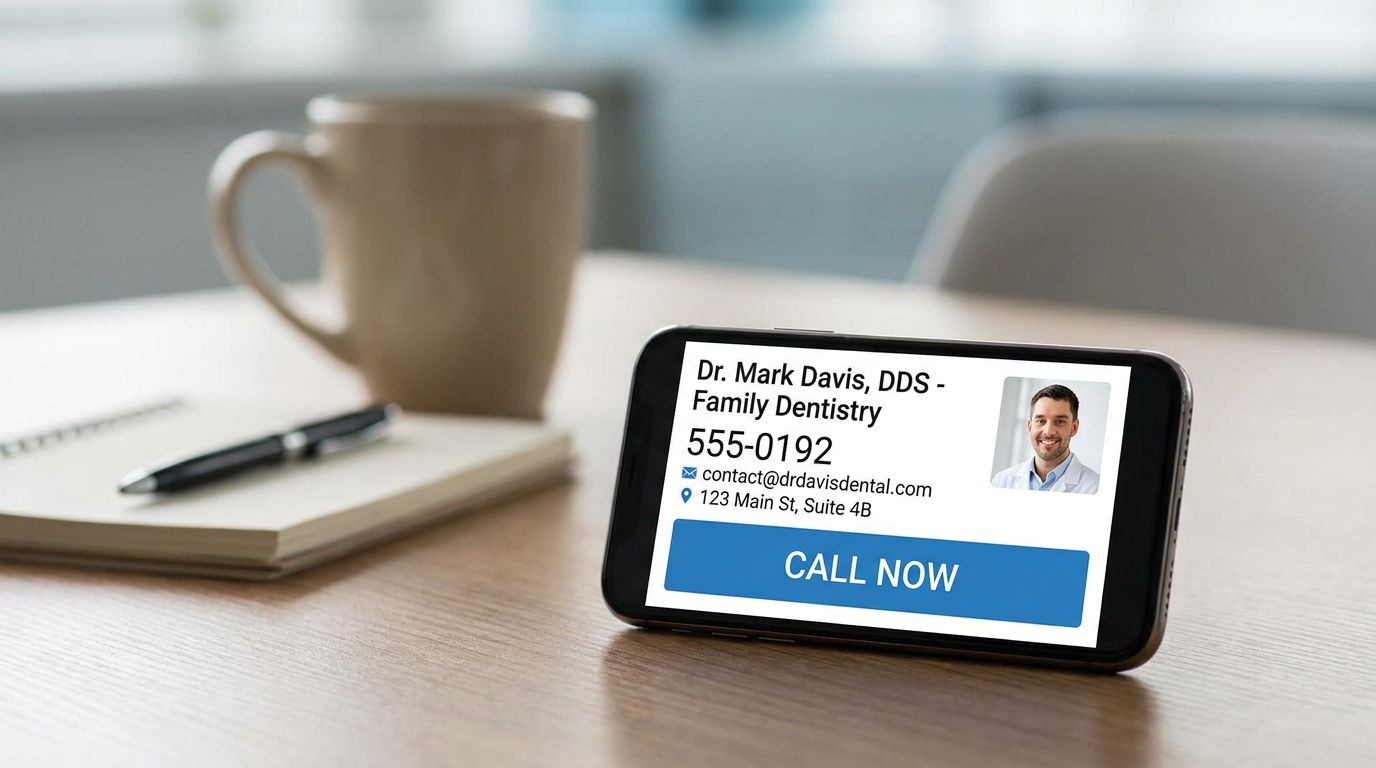 A smartphone screen displays a dental office's contact information and a "CALL NOW" button.