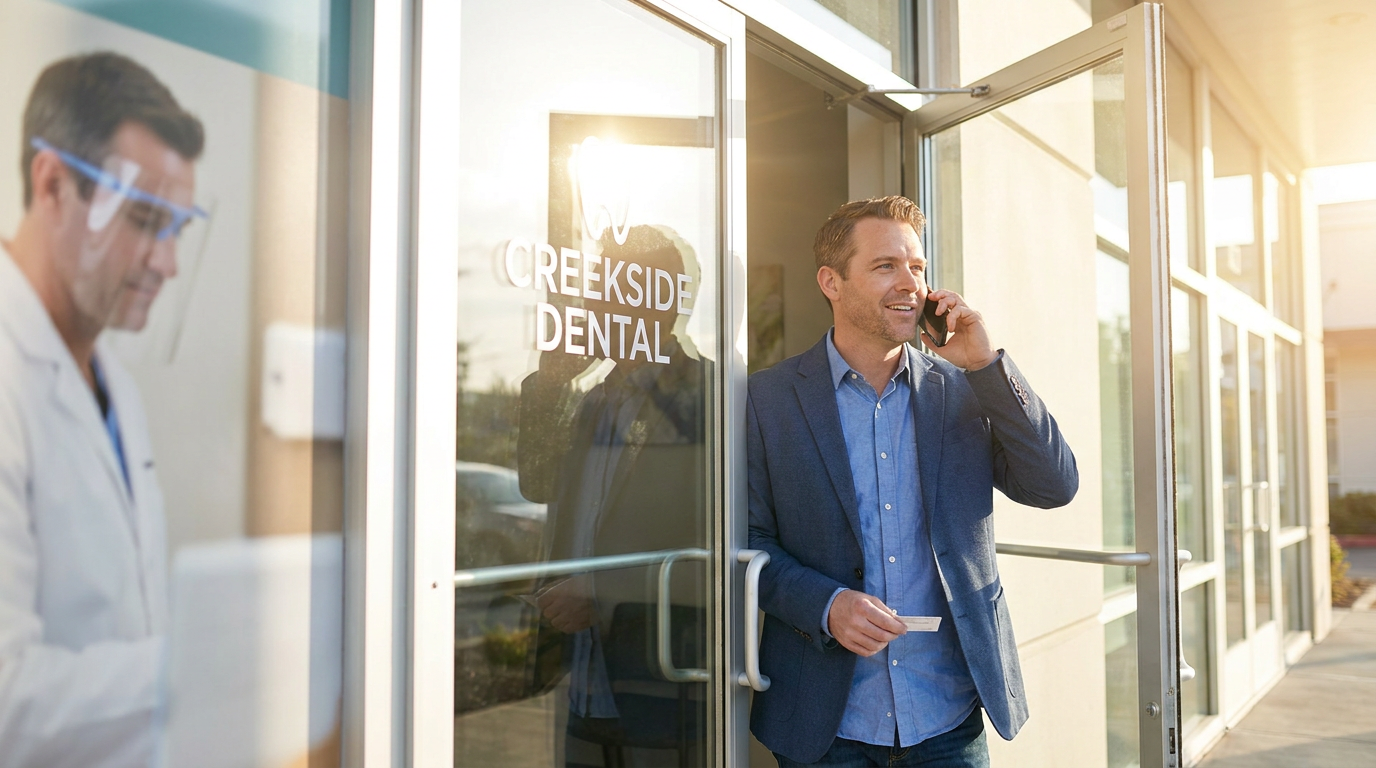 Samuel, leaves a modern dental office with a relieved smile, talking on his phone while holding a follow-up appointment card.