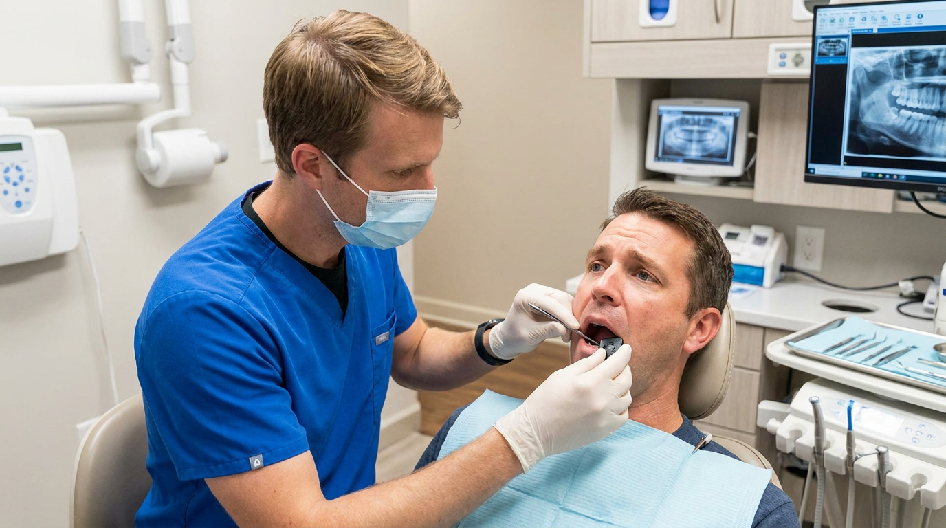 A dentist, Dr. Andrew Gasior, a man in his 40s wearing blue scrubs and a dental mask, uses a digital x-ray sensor inside a patient's mouth.