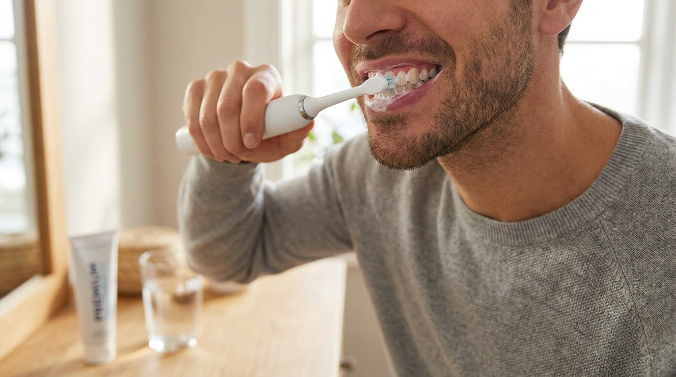 A close-up of a person brushing their teeth diligently, focusing on the careful technique and clean, healthy gums.