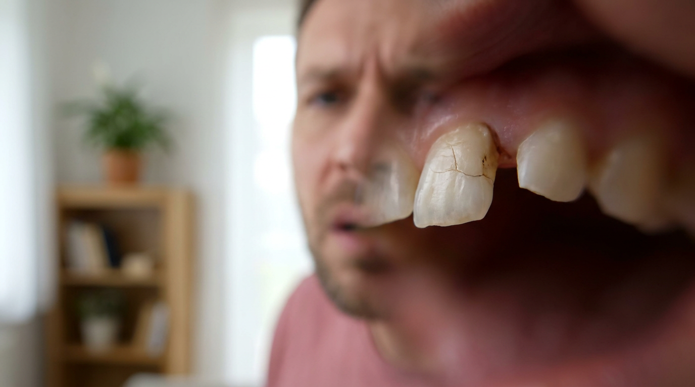 A close-up shot of a single chipped front tooth with a visible crack, against a slightly blurred background of a distraught person's mouth.