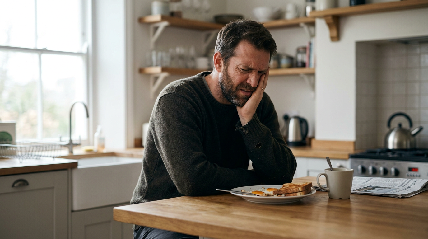 Samuel, sits grimacing at his kitchen island in the soft morning light, hand pressed to his cheek as if in pain.
