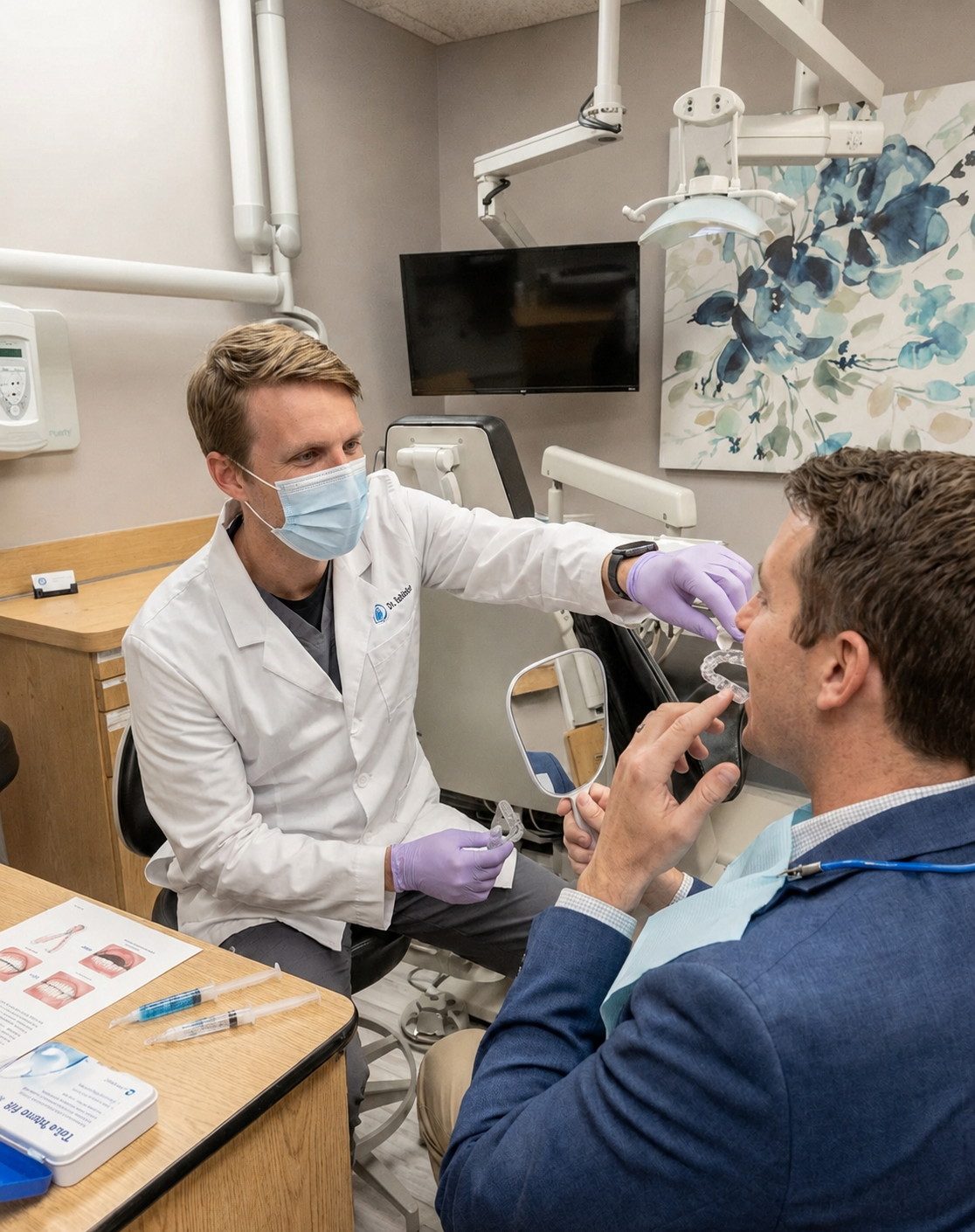 Dentist demonstrating how to insert clear aligners during a consultation while the patient uses a hand mirror to check the fit in a modern dental treatment room.