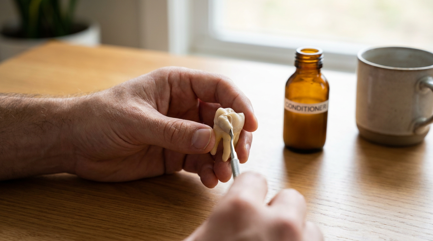 A person's hands hold a model tooth and a dental tool, applying a putty-like substance to the tooth, next to a bottle labeled "CONDITIONER" and a mug on a wooden table.