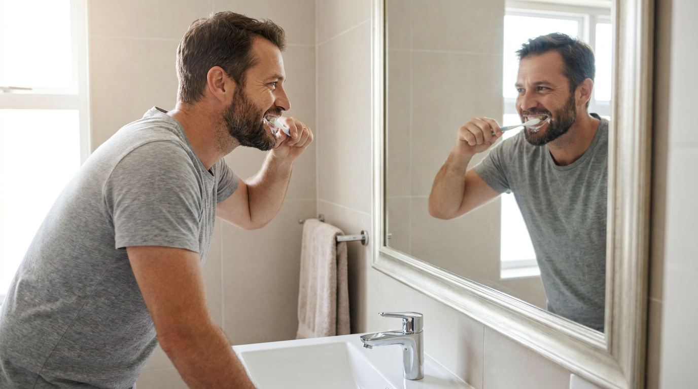 Eric, a man with a beard, stands in a bathroom, wearing a gray t-shirt, brushing his teeth while looking at his reflection in a mirror above a sink.