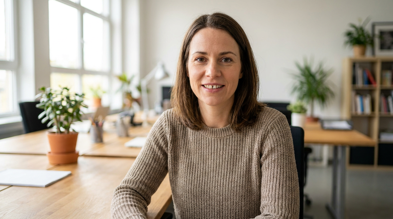 A woman with shoulder-length brown hair and a gap between her two front teeth smiles slightly while sitting at a light wood desk in an office with large windows and potted plants.