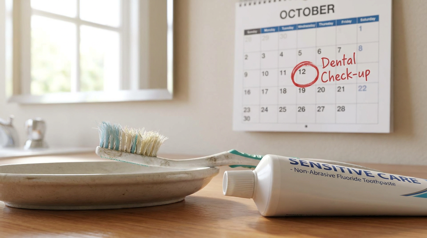 A worn toothbrush, a tube of toothpaste, and a calendar marking a dental check-up on October 12th are on a wooden surface in front of a window.
