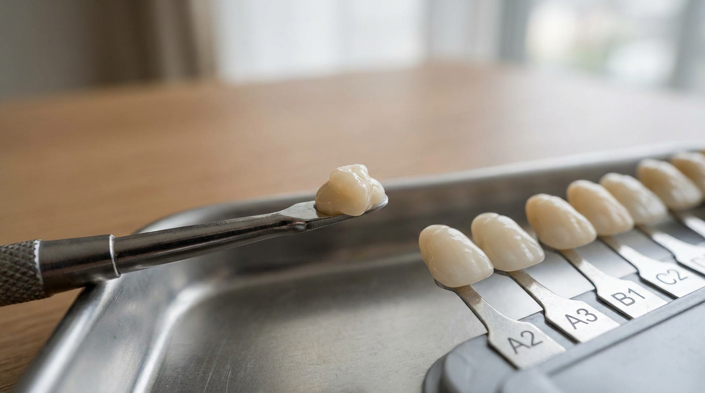A dental instrument holds a small, tooth-colored blob of composite resin next to a row of dental shade guide tabs on a metal tray.