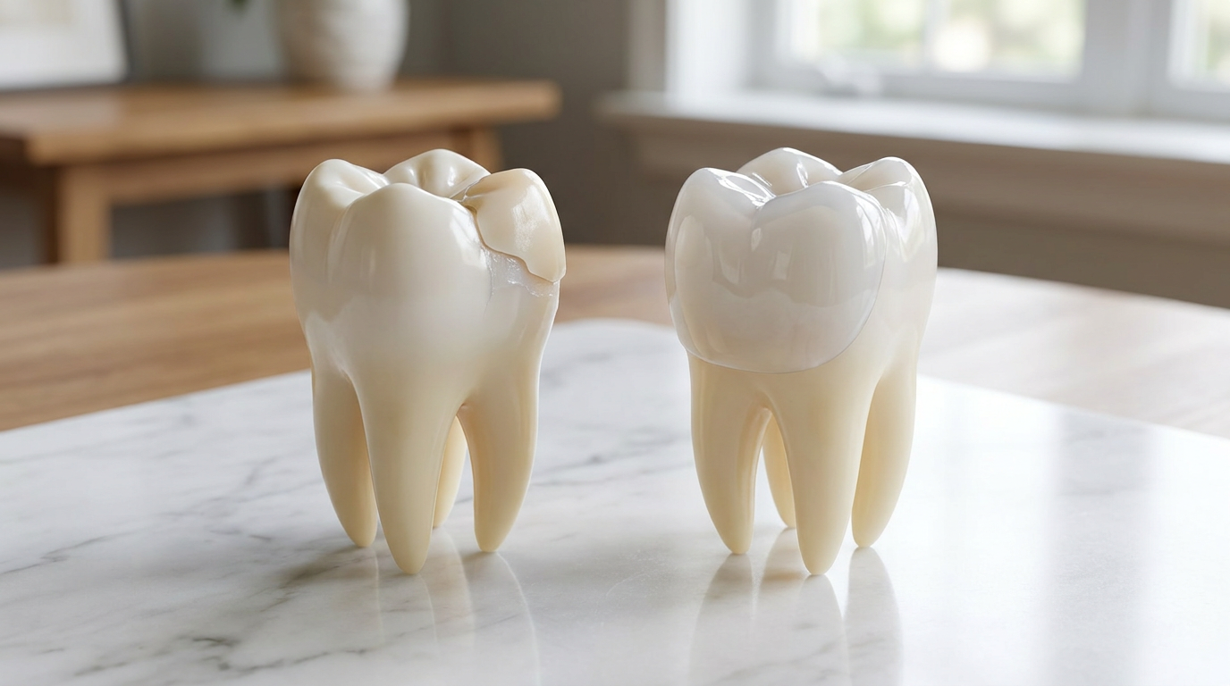 Two tooth models sit side-by-side on a white marble surface, one with a cracked top and the other with a smooth, white crown.