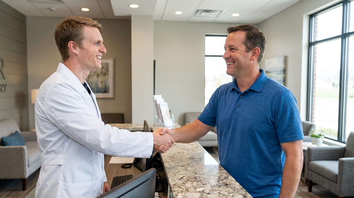 Dr. Andrew Gasior, wearing a white lab coat, shakes hands with a man in a blue polo shirt across a reception desk in a dental office.