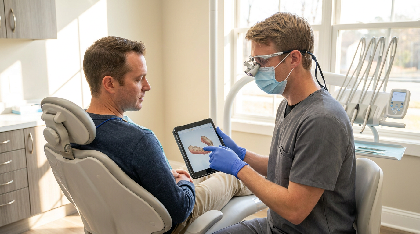 A dentist in a gray scrub top, blue gloves, a light blue surgical mask, and dental loupes holds a tablet displaying a 3D dental model to a patient in a dental chair.