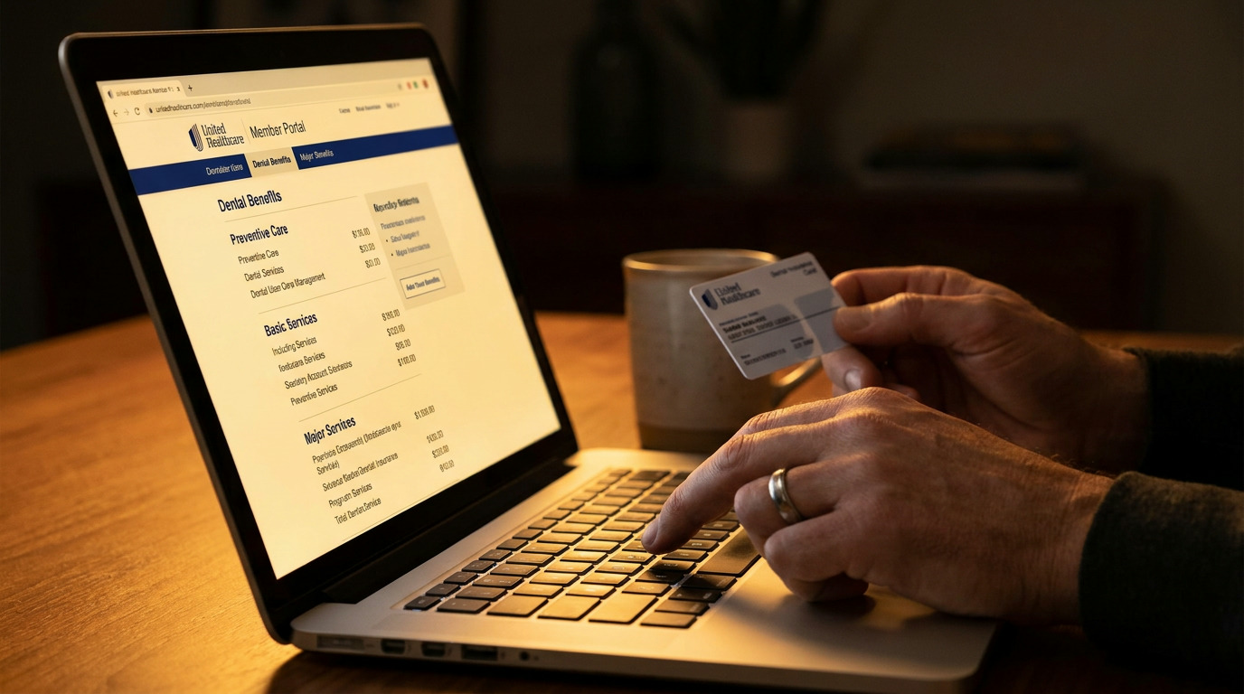 A person's hands are visible, one holding a United Healthcare dental insurance card and the other typing on a laptop displaying a dental benefits member portal, with a mug nearby on a wooden table.