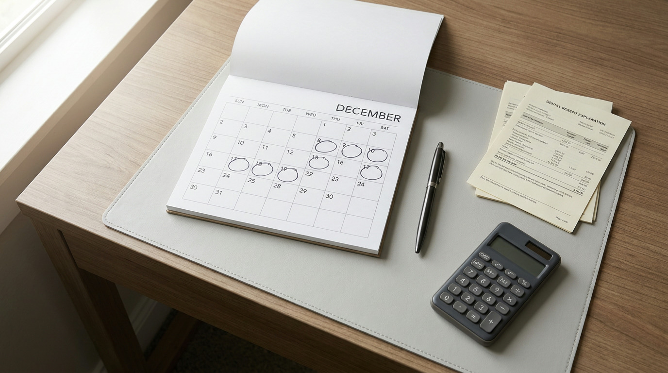 A desk holds a December calendar with circled dates, a pen, a stack of dental benefit explanation papers, and a calculator, all illuminated by soft light from a nearby window.