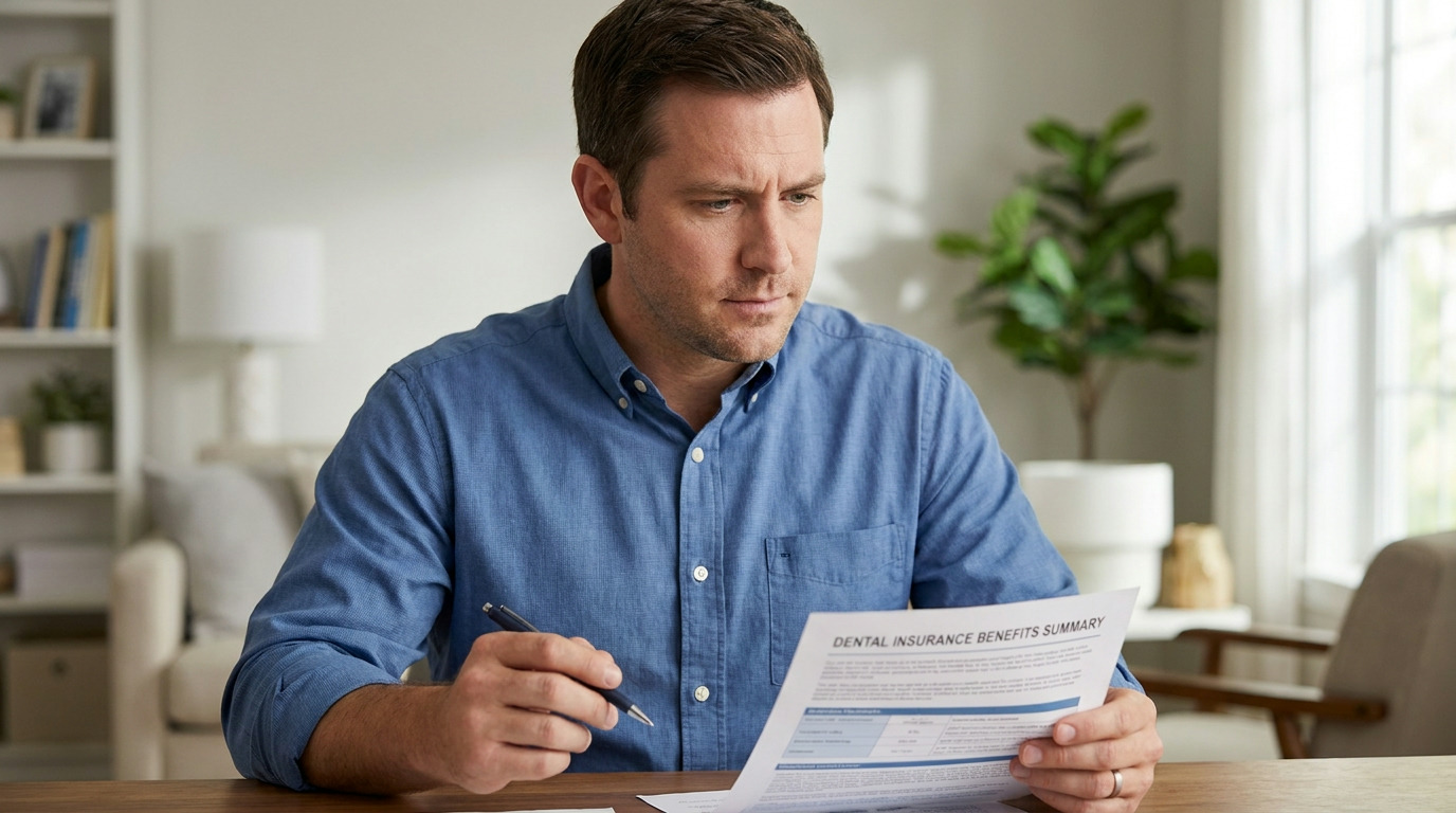 Jeremy, wearing a blue collared shirt, sits at a wooden desk, holding a pen and reviewing a document titled "DENTAL INSURANCE BENEFITS SUMMARY" in a brightly lit room with a bookshelf and a plant in the background.