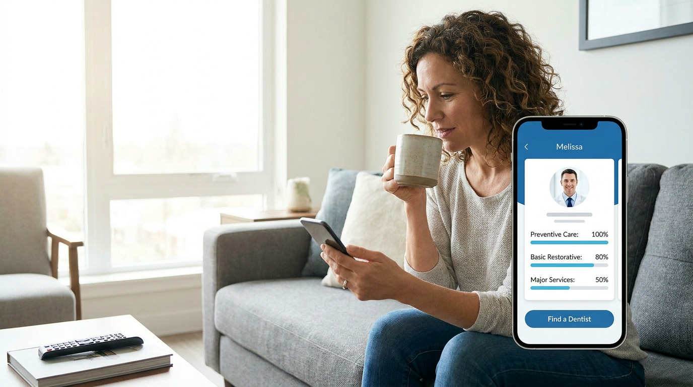 Melissa sits on a gray sofa, holding a smartphone displaying a dental app with a male dentist's photo and coverage percentages, while sipping from a mug in a bright living room.