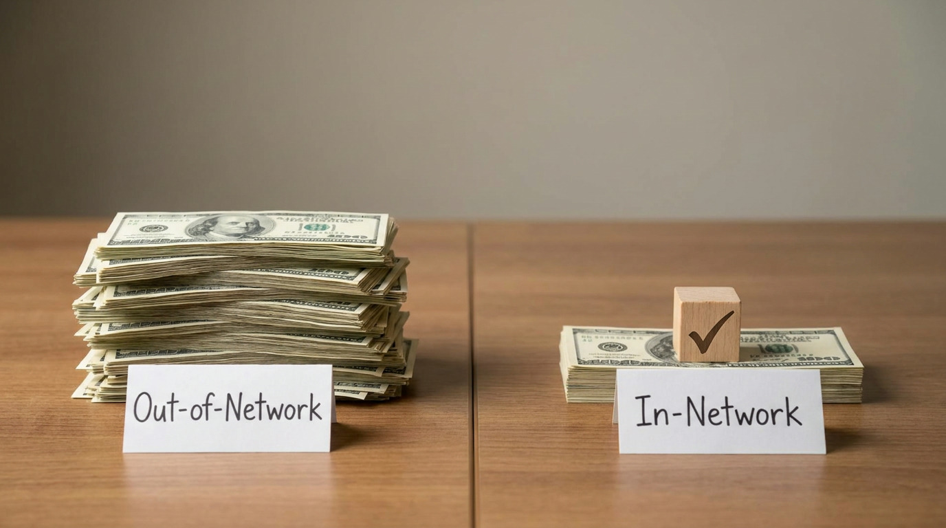Two stacks of US dollar bills sit on a wooden surface, with a tall stack labeled "Out-of-Network" on the left and a shorter stack labeled "In-Network" with a wooden checkmark block on the right.