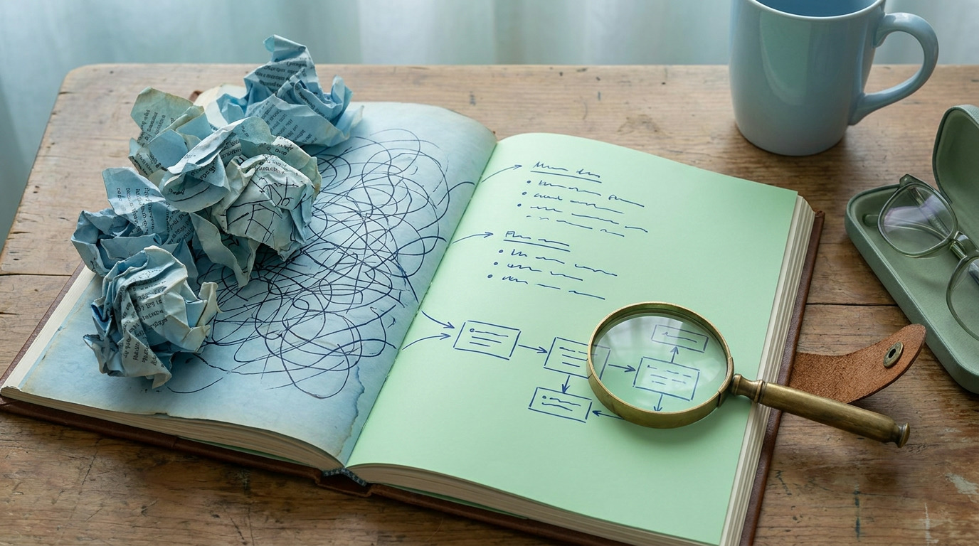 An open book on a wooden table shows crumpled blue paper on one page and a green page with handwritten bullet points and a flowchart, with a magnifying glass over the flowchart. A light blue mug and an open glasses case with glasses are