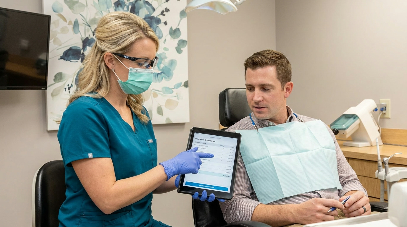 Dr. Andrew Gasior, wearing teal scrubs, safety glasses, and a face mask, points to a digital tablet displaying insurance details for Jeremy, who is seated in a dental chair with a light blue bib and holding a pen.