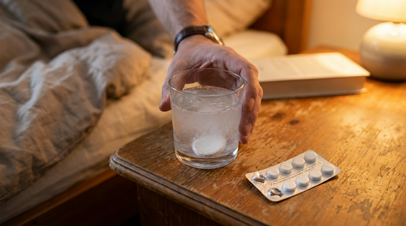 A hand with a watch reaches for a glass of water with a dissolving tablet on a wooden bedside table, next to a blister pack of pills, with a blurred bed and lamp in the background.