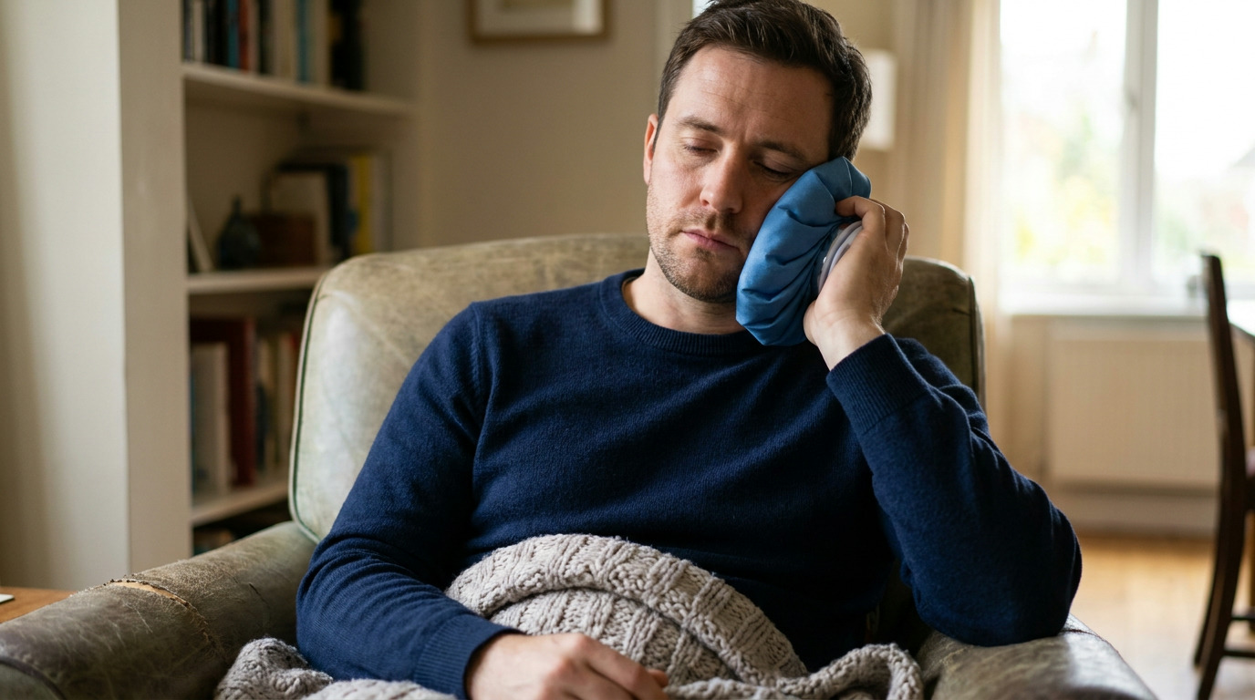 Matthew sits in a leather armchair, eyes closed, holding a blue ice pack to his cheek, with a knitted blanket on his lap, in a room with a bookshelf and window.