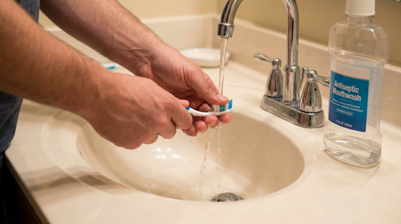Matthew's hands rinse a toothbrush under running water in a bathroom sink, with a bottle of antiseptic mouthwash visible nearby.