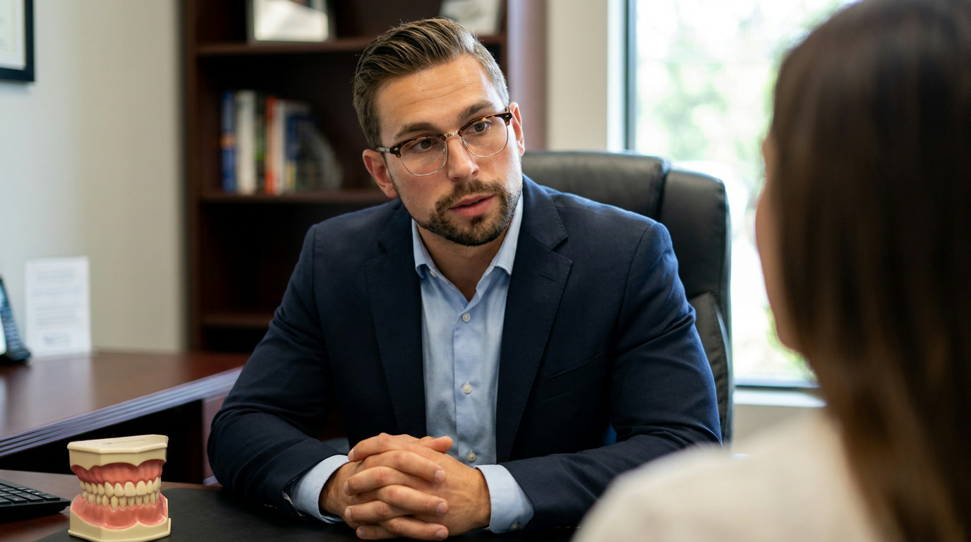 Max Gosselin, wearing a blue suit jacket and glasses, sits at a desk with hands clasped, looking at a person whose back is visible, with a dental model on the desk.
