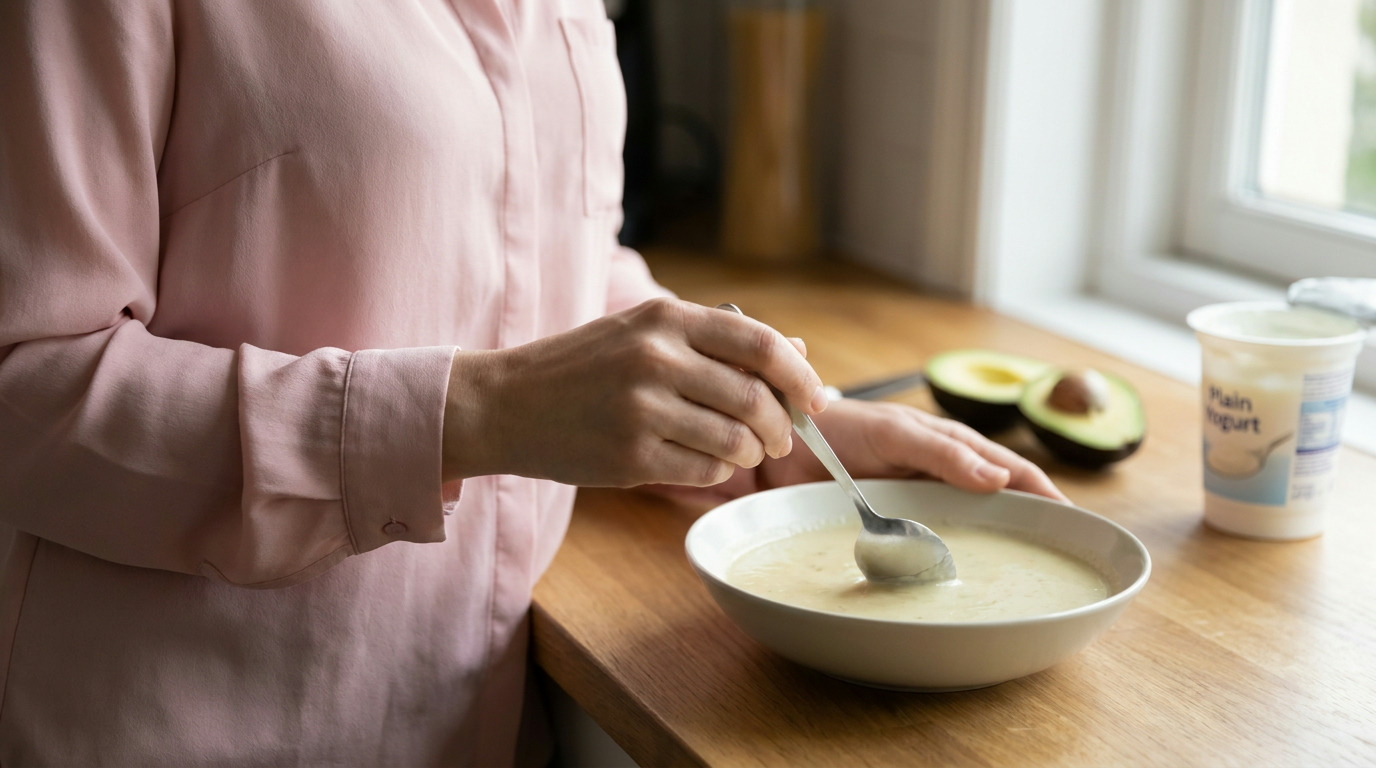 A person in a pink blouse stirs a bowl of light-colored soup with a spoon on a wooden counter, with a cut avocado and a container of yogurt nearby.