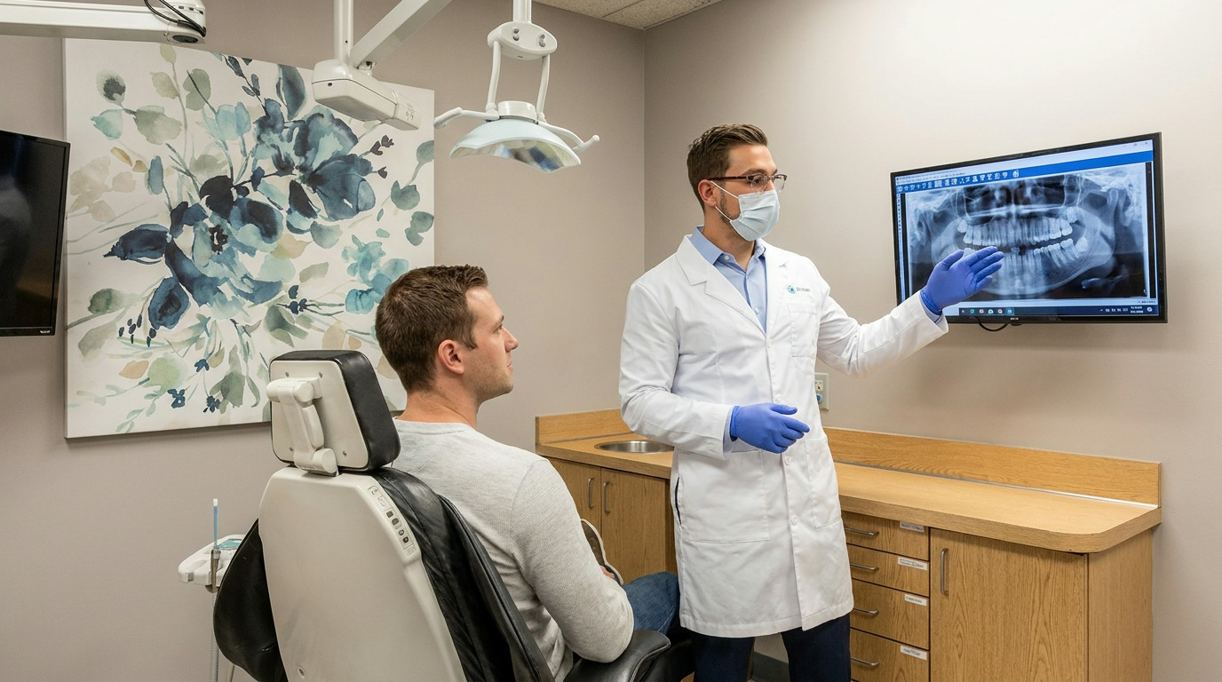 Dr. Max Gosselin, wearing a white lab coat, blue gloves, and a face mask, points to a dental X-ray on a wall monitor while a patient, Matthew, sits in a dental chair in a modern operatory.