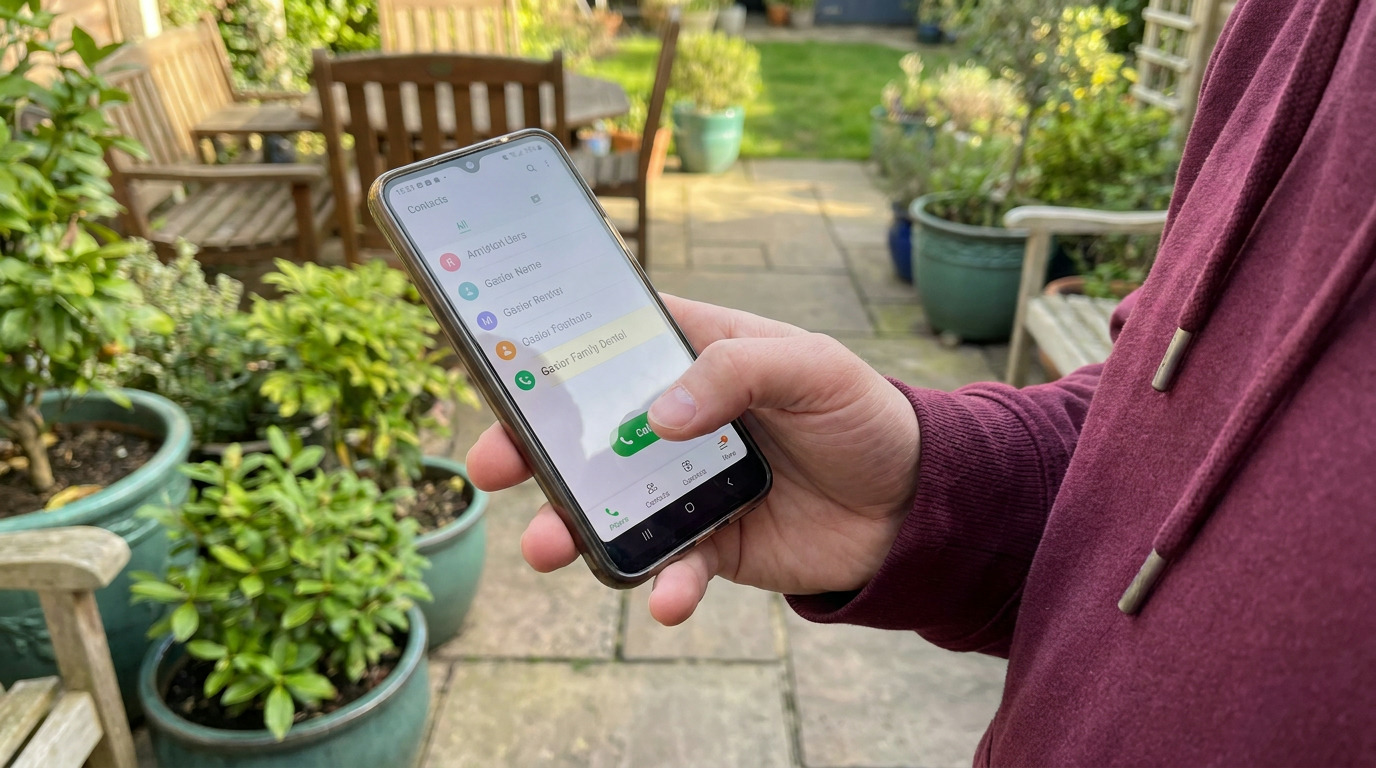 A hand in a burgundy hoodie holds a smartphone displaying a contact list with "Gasior Family Dental" highlighted, with a thumb hovering over the "Call" button, in a garden patio setting.