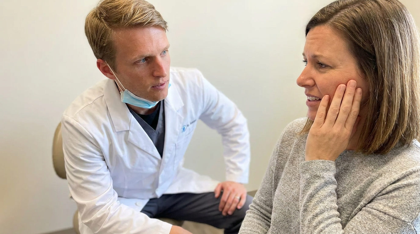 A Gasior Family Dental dentist in Northville listens as an adult patient describes tooth pain during an emergency visit.