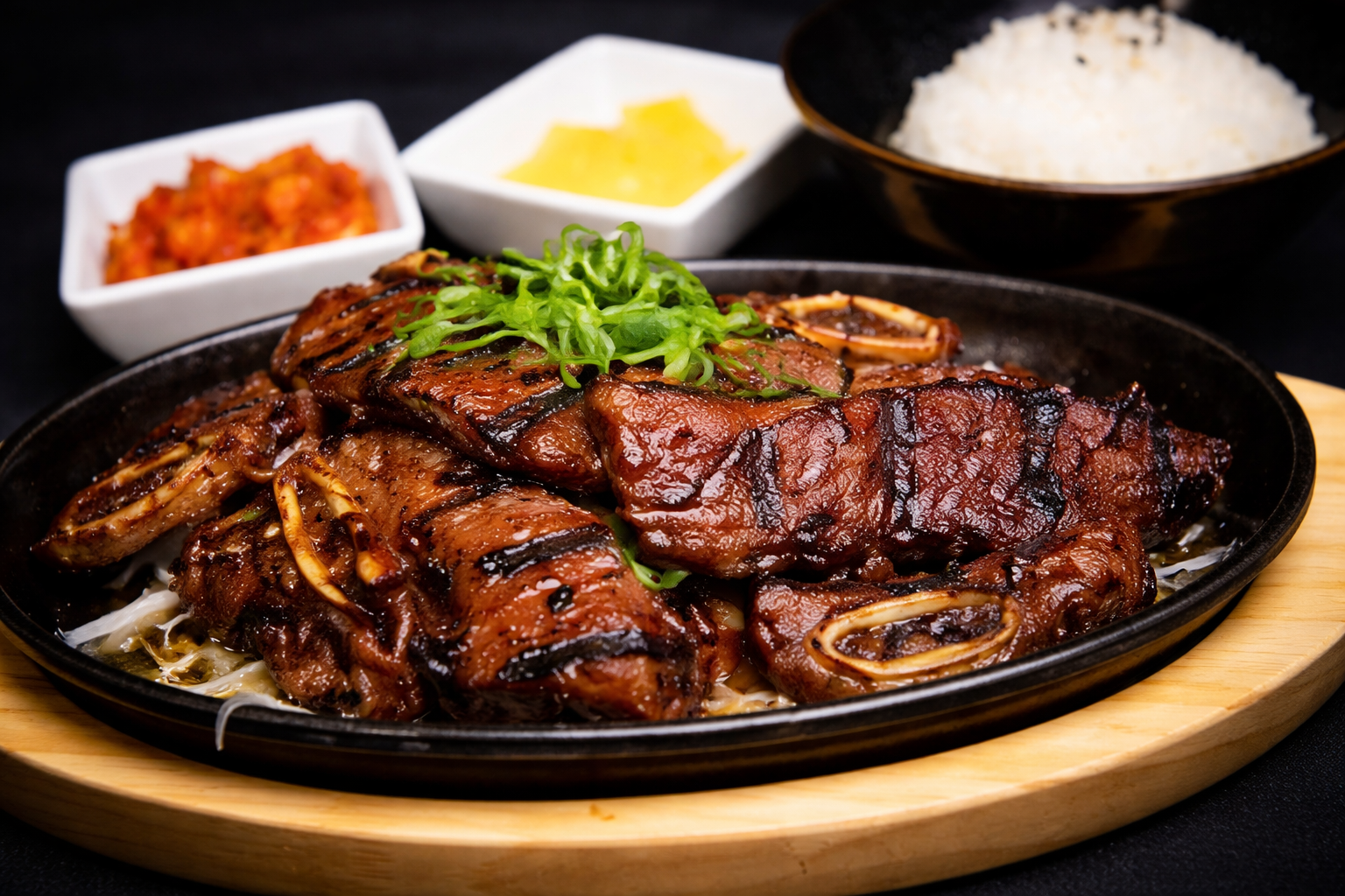 Grilled marinated beef short ribs served on a hot plate garnished with green onions, with rice and side dishes.