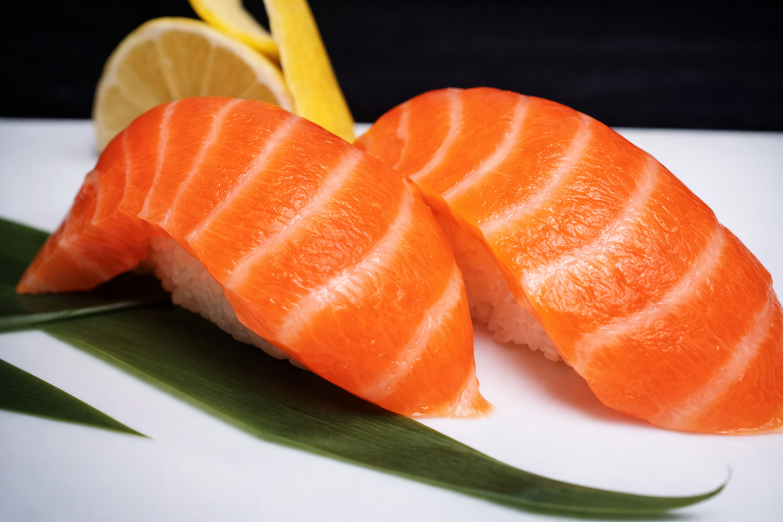 Two pieces of salmon nigiri sushi on green leaf with lemon slices in background.