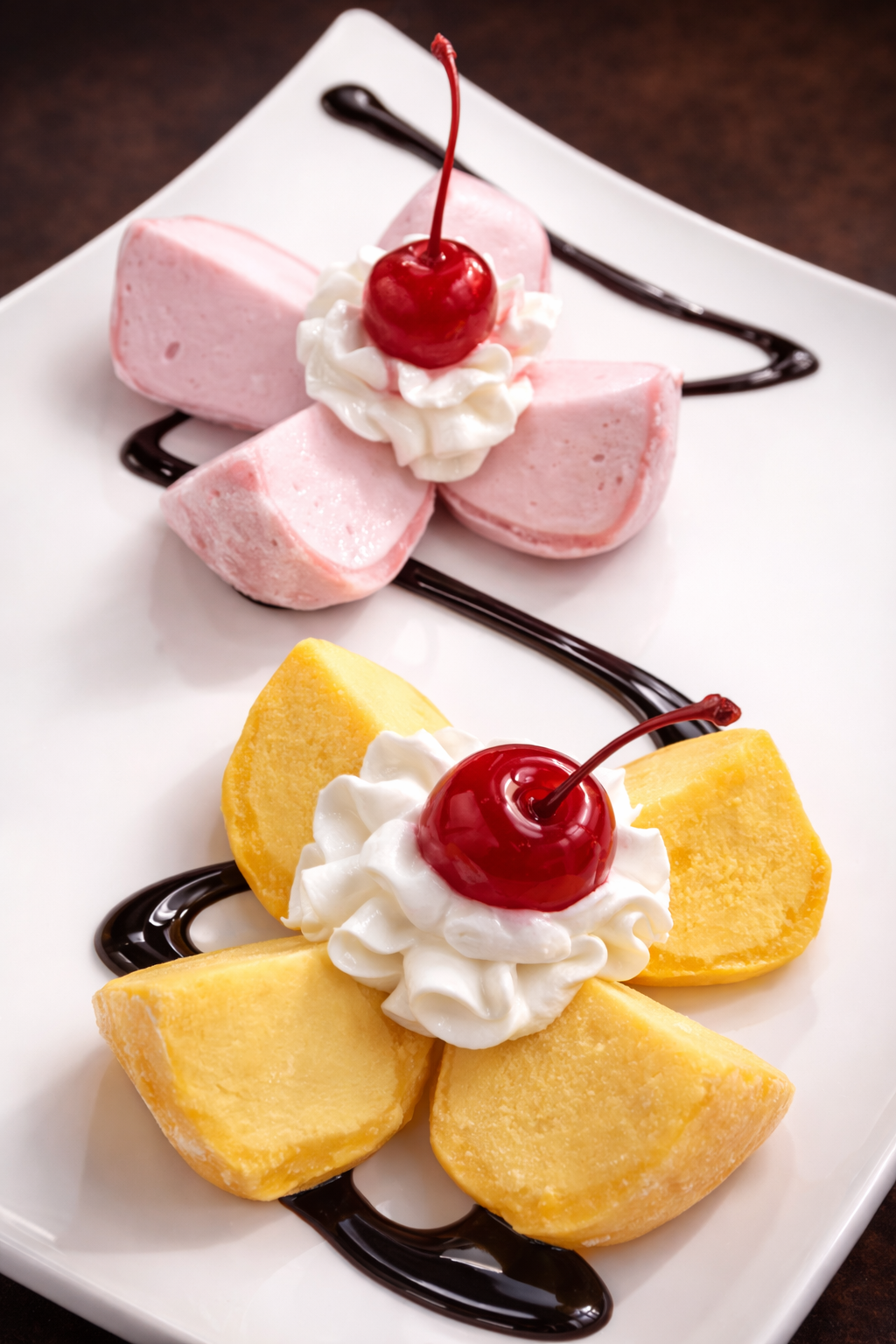 Pink and yellow flower-shaped ice cream with whipped cream, cherries, and chocolate drizzle on white plate.