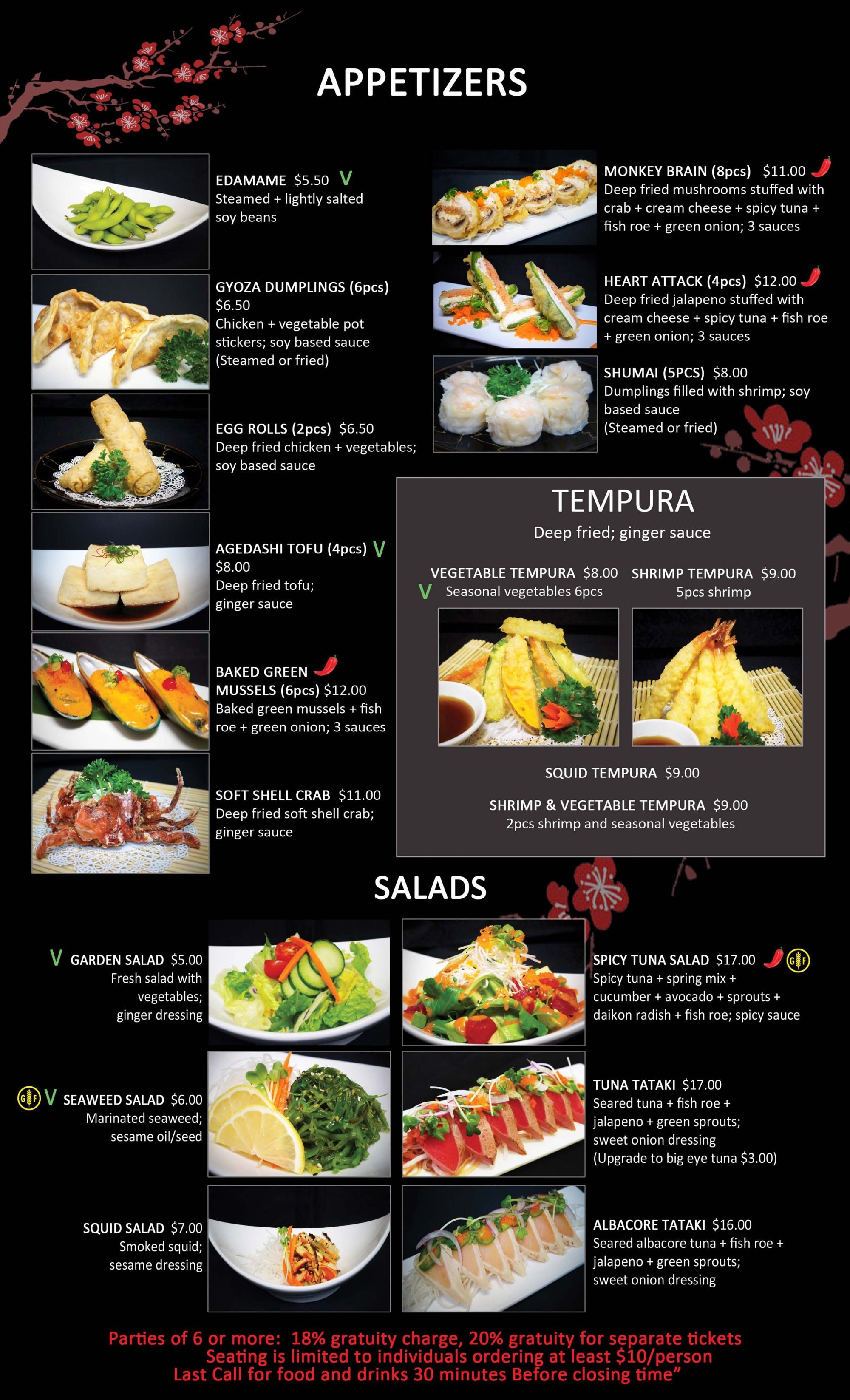 Menu showing appetizers like edamame, gyoza, tempura, salads, and spicy tuna dishes with images and prices.