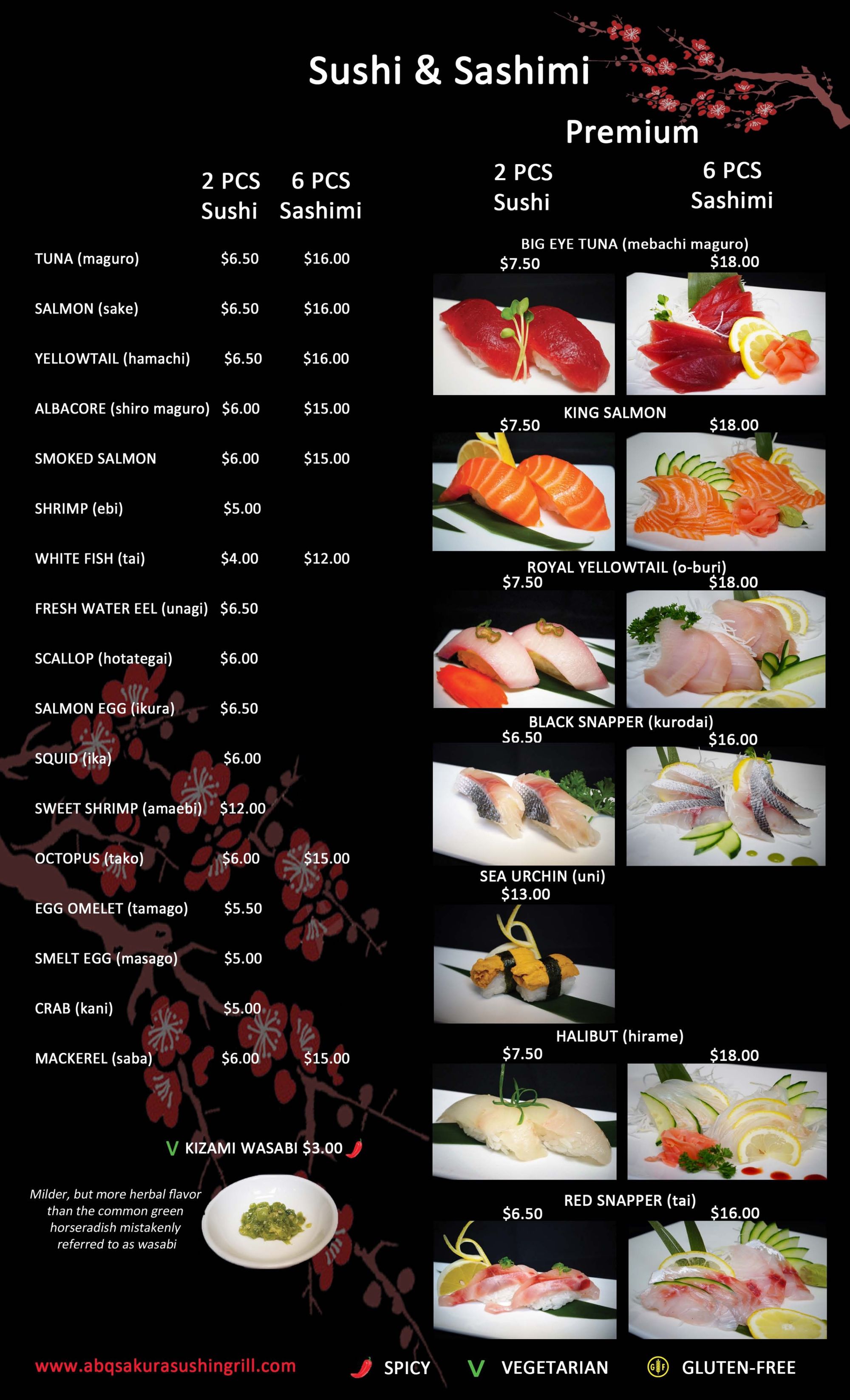 Sushi and sashimi menu listing types, prices for 2 or 6 pieces, with photos of premium sushi and sashimi dishes.