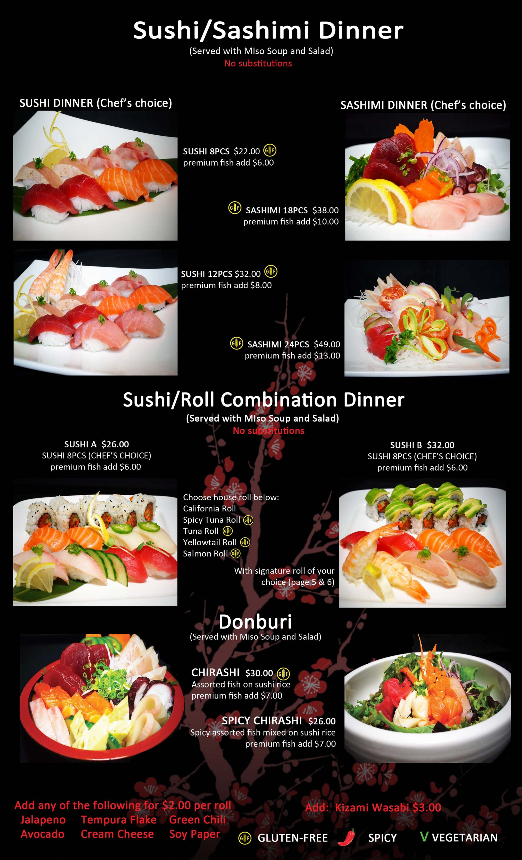 Menu of sushi, sashimi, rolls, and donburi dinners served with miso soup and salad featuring various fish and toppings.