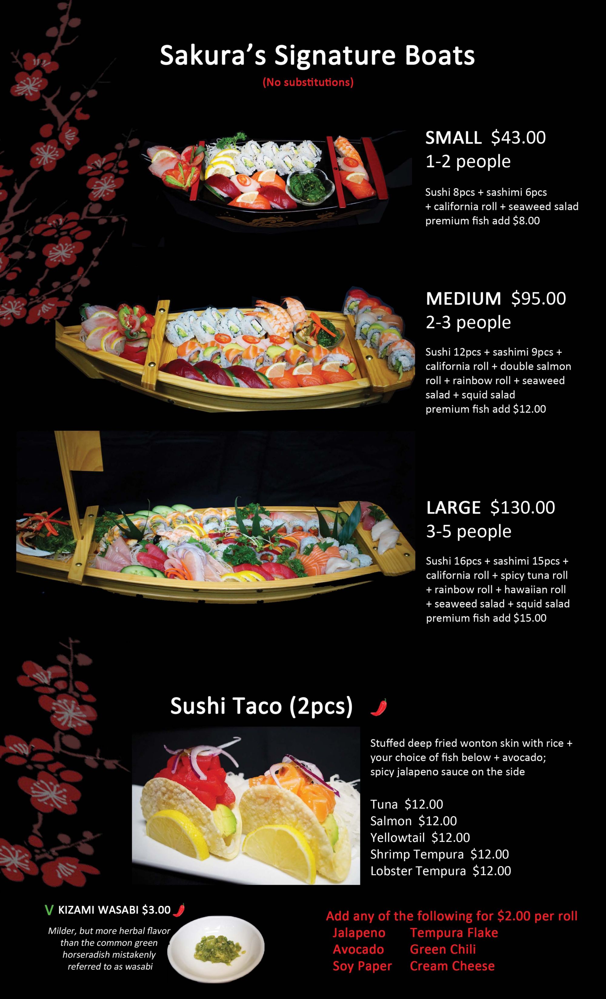 Sushi boats in three sizes with detailed rolls and sashimi; sushi tacos with fish and avocado in fried wontons.