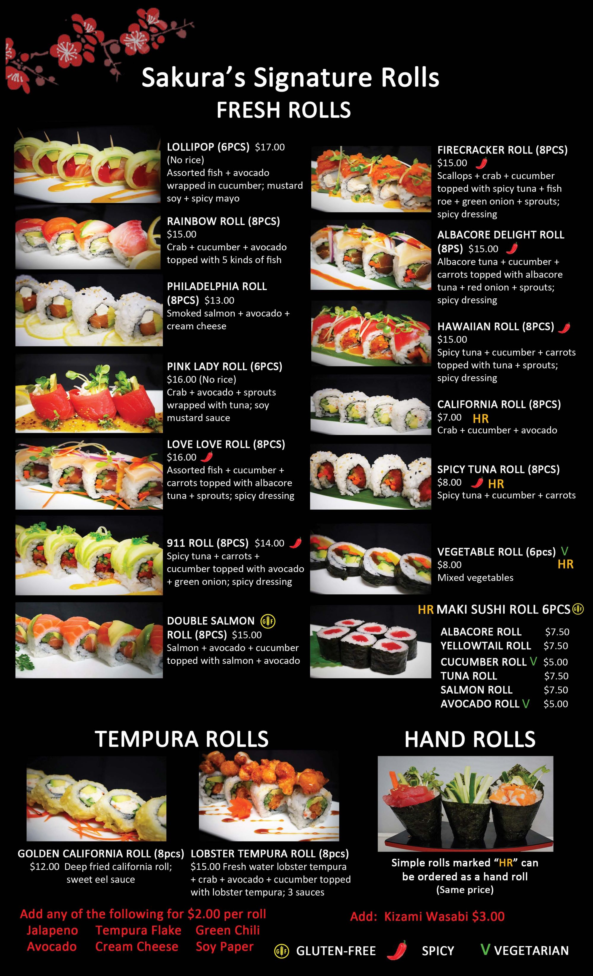 Sushi menu showing fresh rolls, tempura rolls, hand rolls with prices and ingredient descriptions.