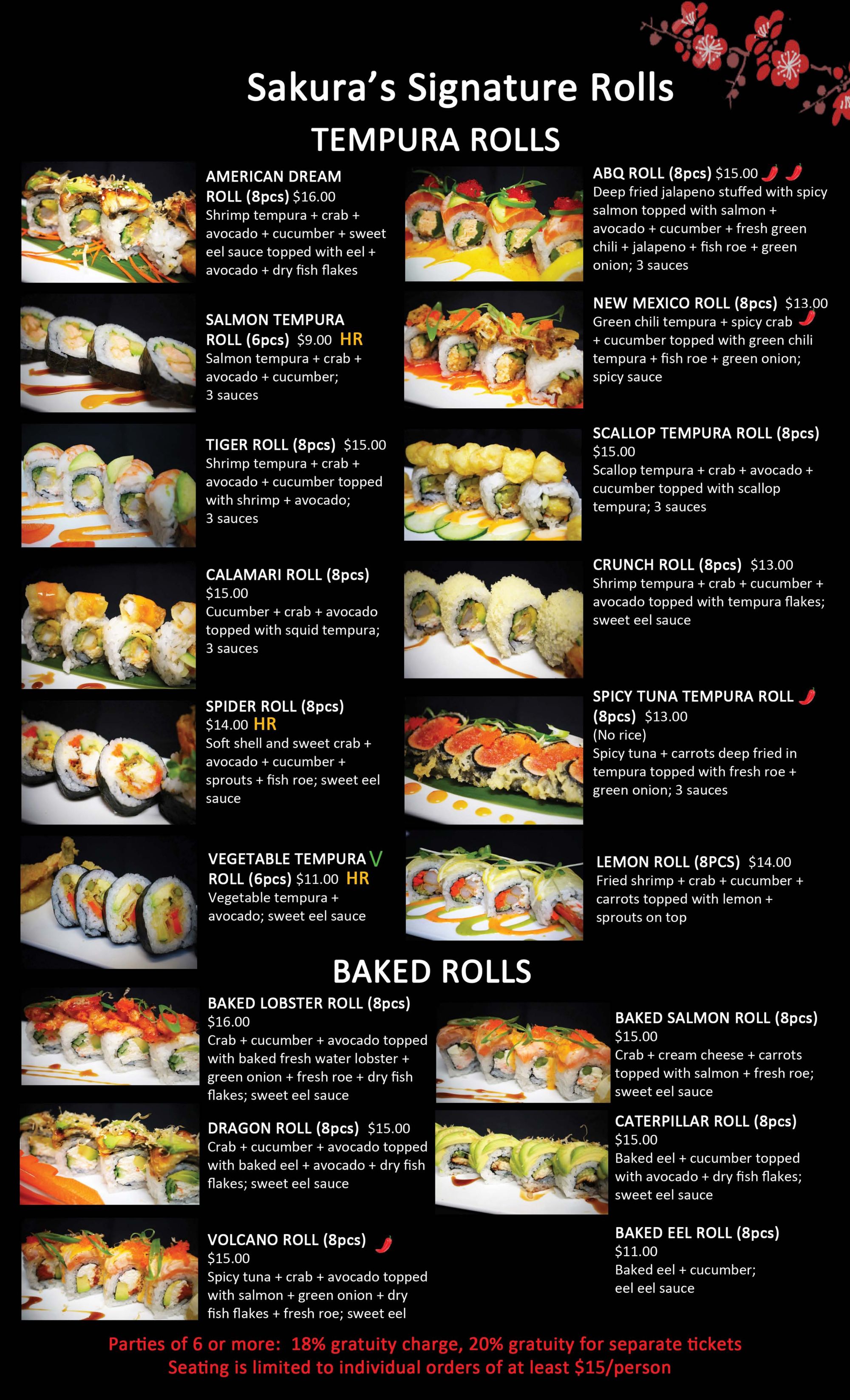 Menu showing sushi rolls with images and ingredients including tempura and baked varieties.