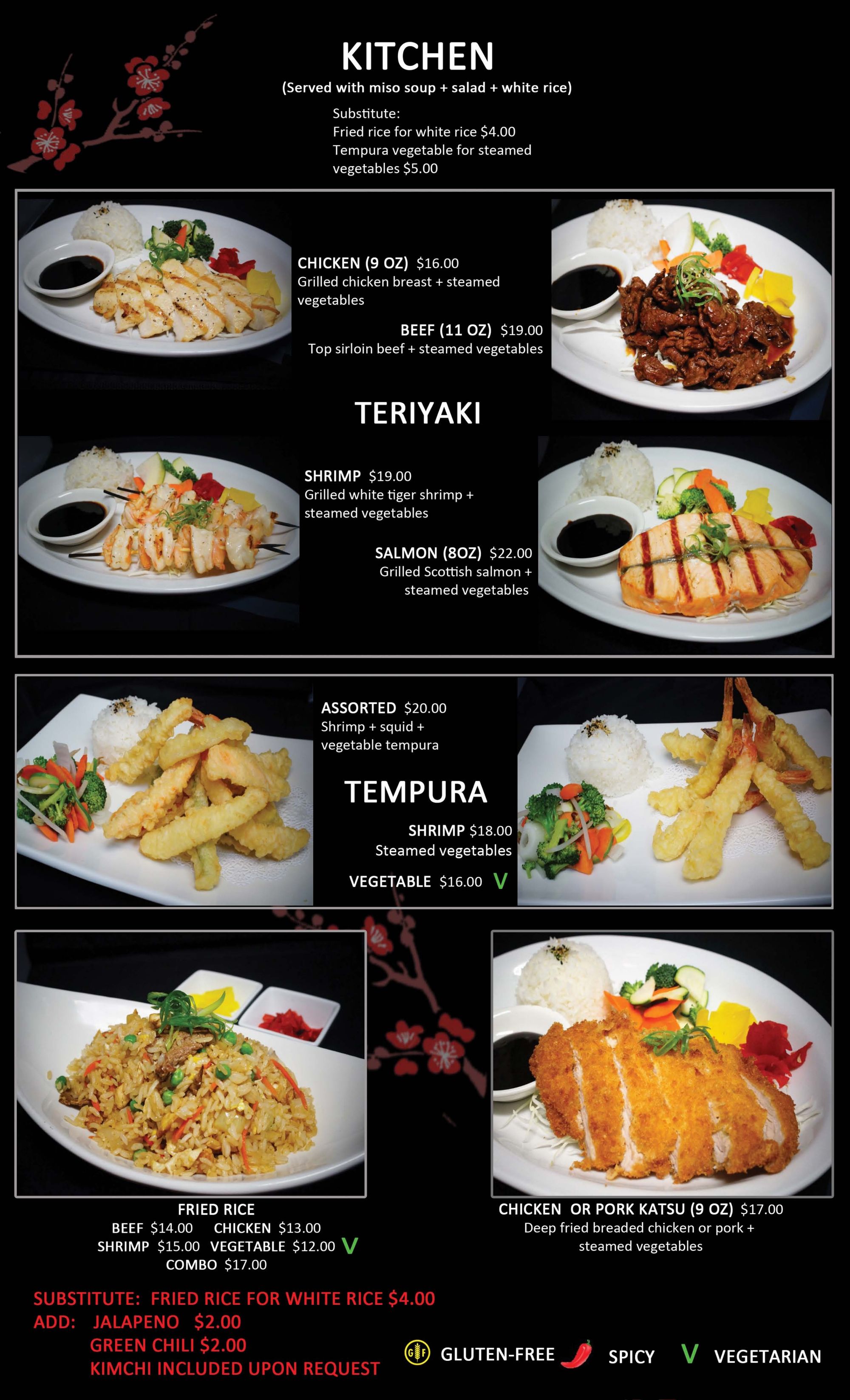 Menu page showing Japanese kitchen and teriyaki dishes with rice, vegetables, tempura, fried rice, and katsu options.