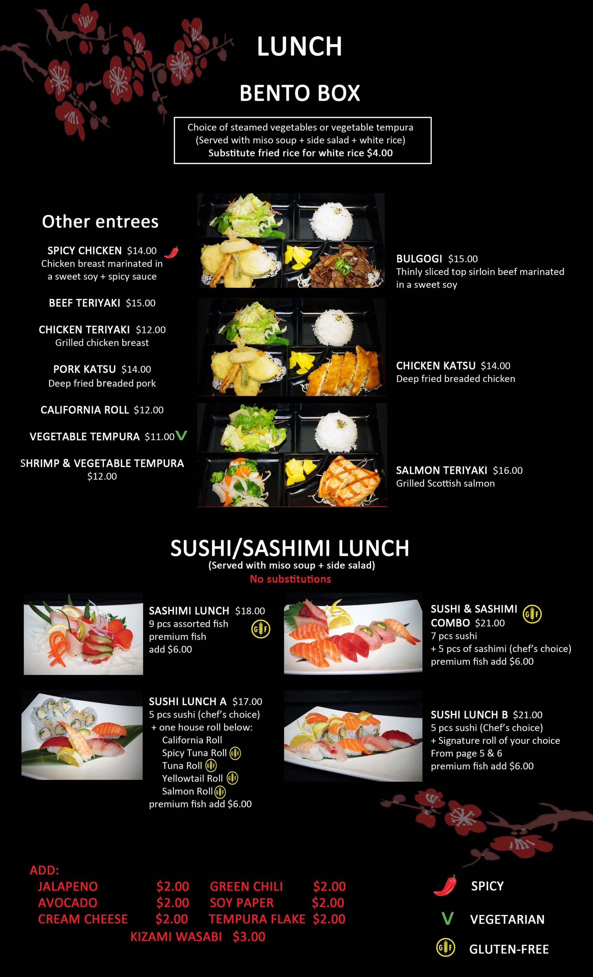 Lunch menu with bento boxes and sushi/sashimi options, showing dishes with prices and dietary icons.