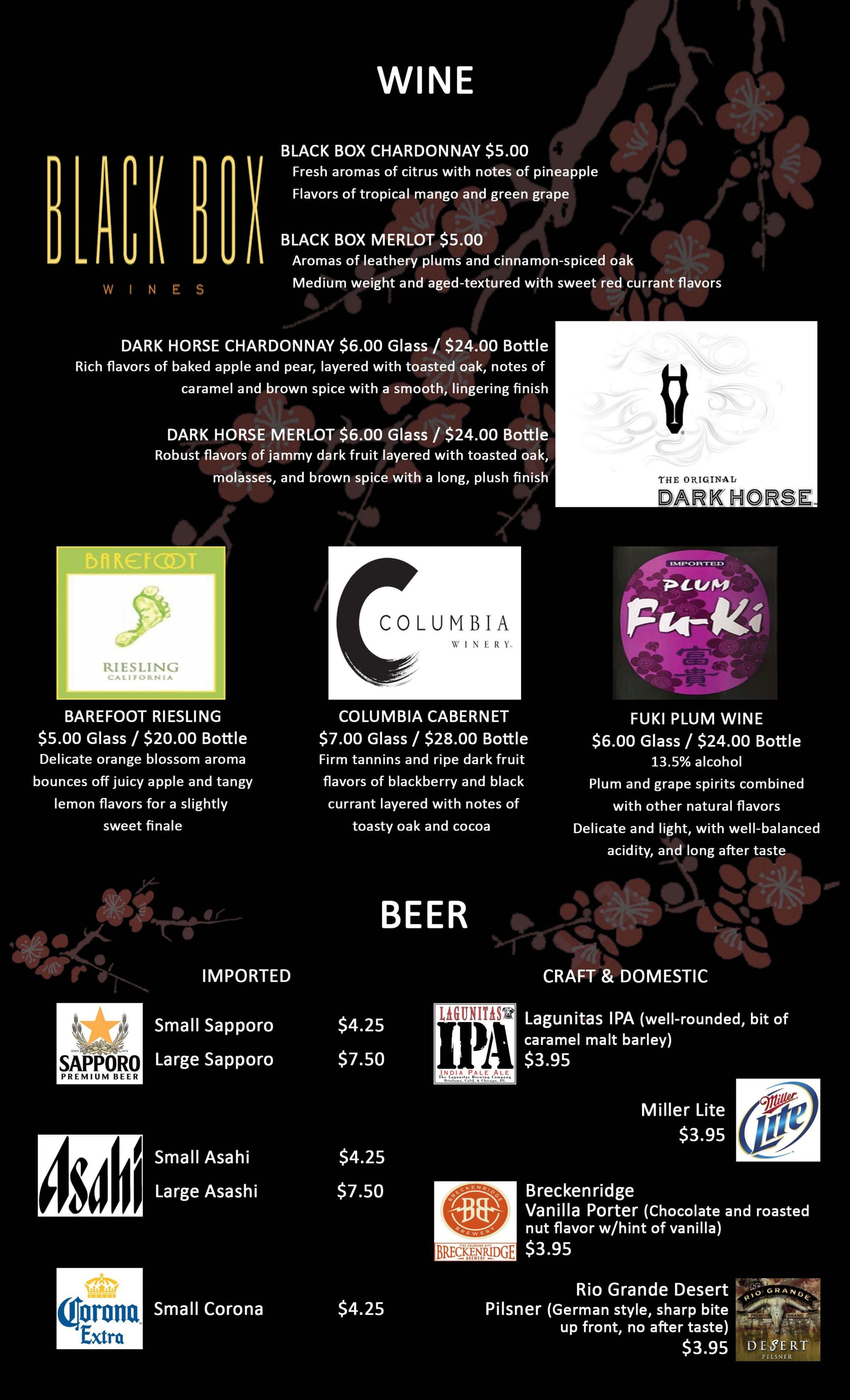 Menu of wines and beers with descriptions and prices, featuring Black Box, Dark Horse, Barefoot, Columbia, and Fuki wines.