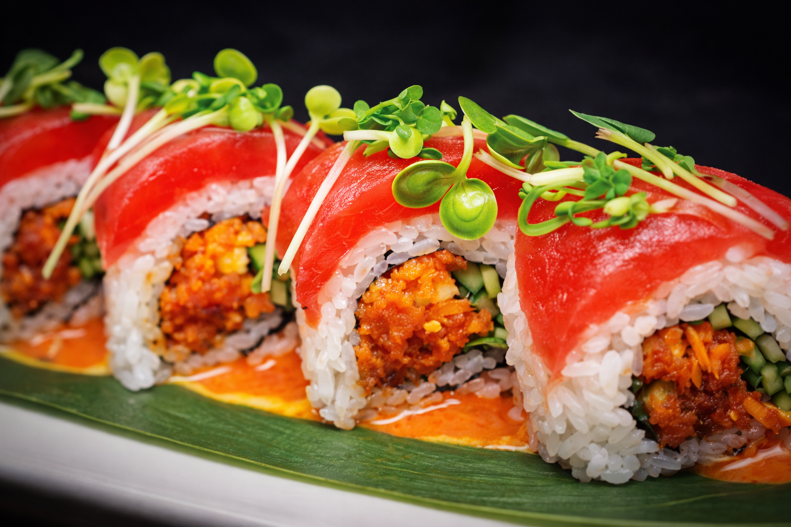 Sushi rolls with spicy filling, topped with red fish slices and green sprouts on a leaf.