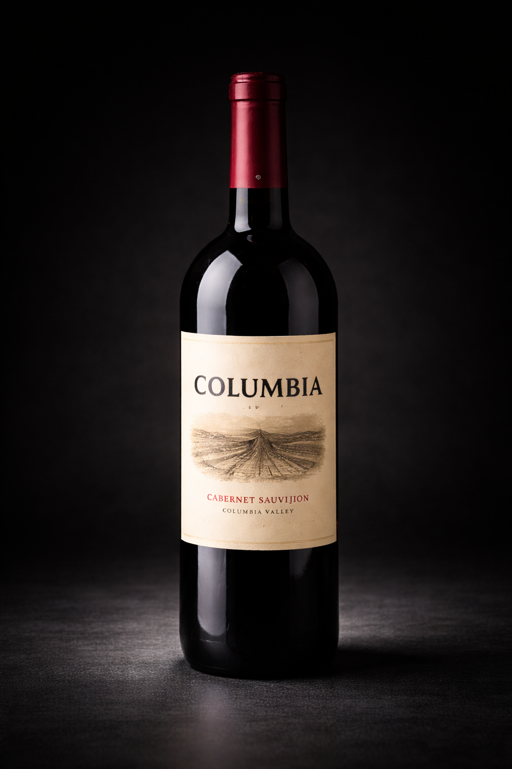 Bottle of Columbia Cabernet Sauvignon wine from Columbia Valley with a red foil capsule.