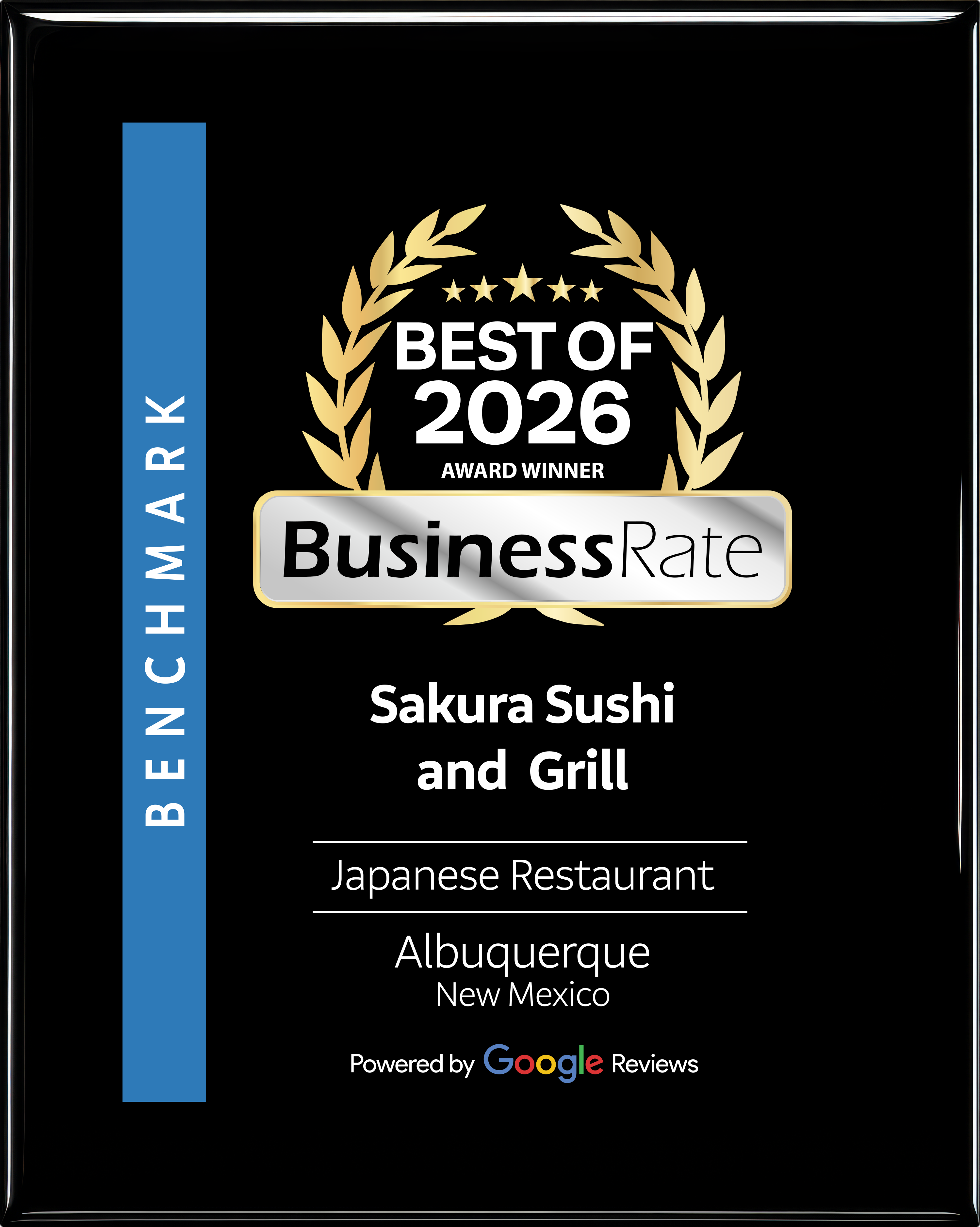 Award plaque for Sakura Sushi and Grill as Best Japanese Restaurant in Albuquerque, New Mexico 2026.