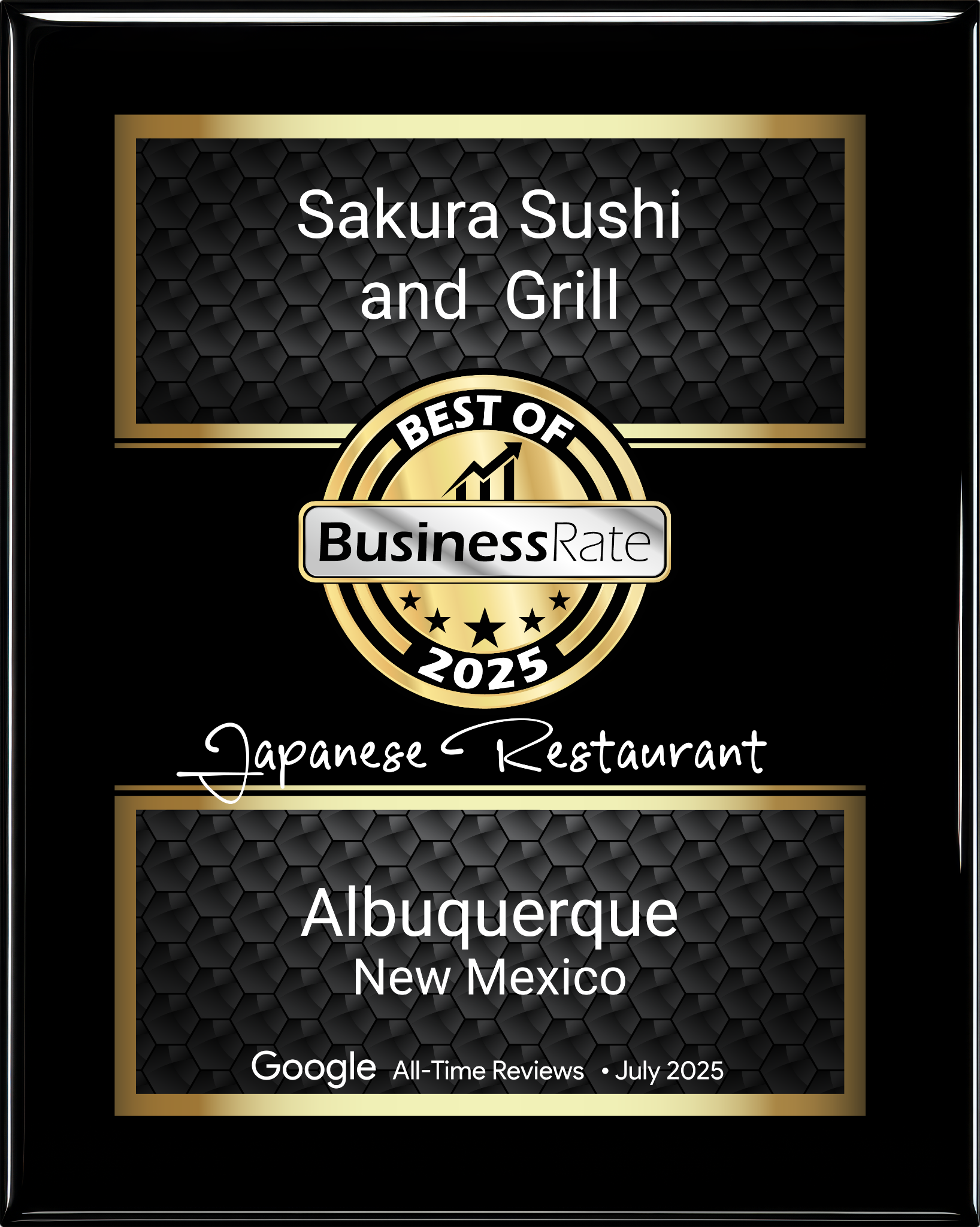 Best of Business Rate 2025 award for Sakura Sushi and Grill, Japanese restaurant in Albuquerque, New Mexico.
