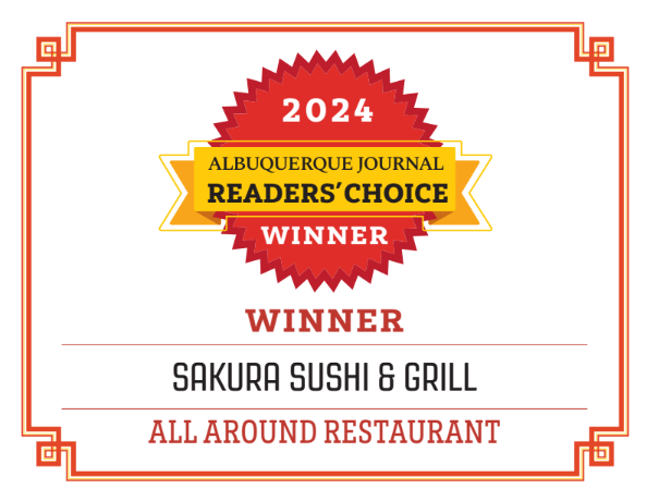 2024 Albuquerque Journal Readers' Choice Winner award for Sakura Sushi & Grill, All Around Restaurant.