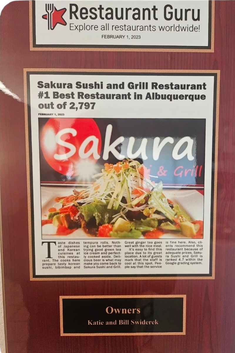 Plaque from Restaurant Guru naming Sakura Sushi and Grill best restaurant in Albuquerque out of 2,797.