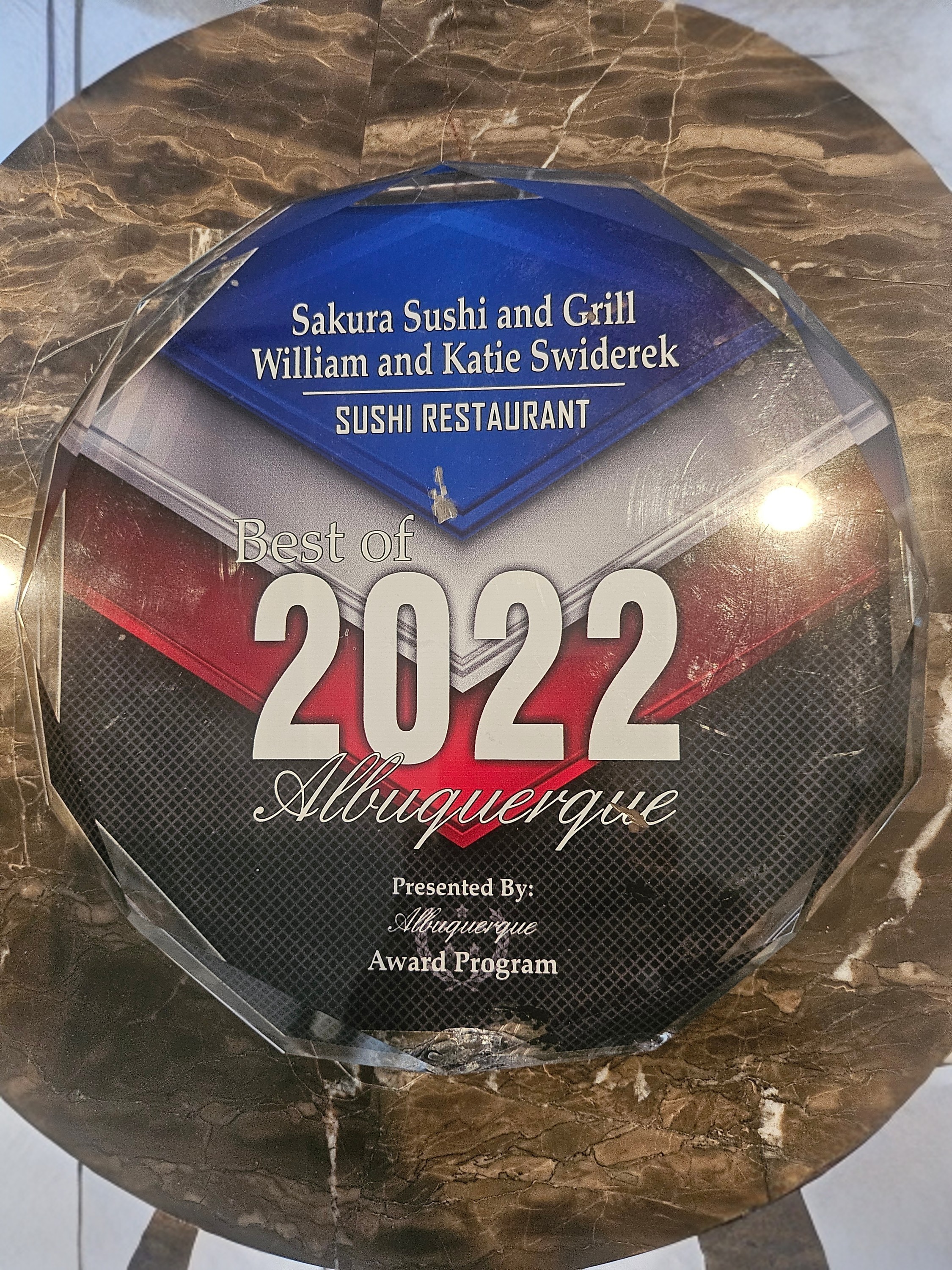 Award plaque for Sakura Sushi and Grill as Best of 2022 Albuquerque sushi restaurant.